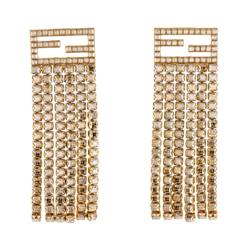 FENDI FENDI FF CRYSTAL GOLD TONE DRAPE EARRINGS