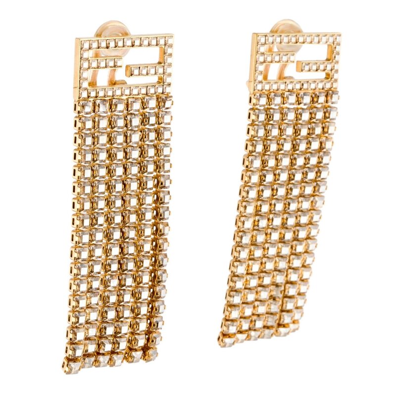 FENDI FENDI FF CRYSTAL GOLD TONE DRAPE EARRINGS