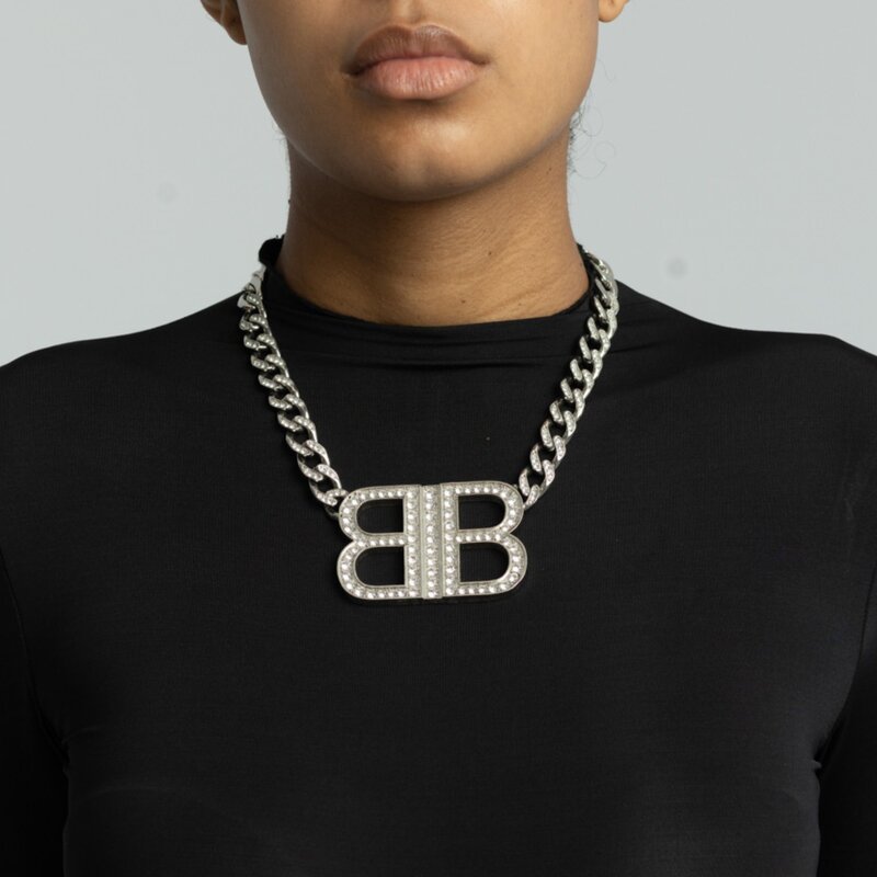 BALENCIAGA SILVER CURB CHAIN BB 2.0 NECKLACE