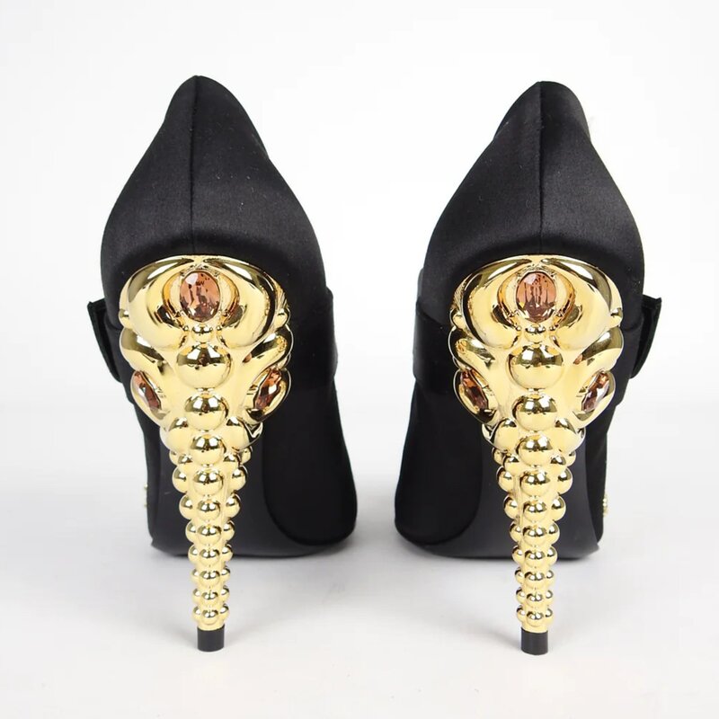 GOLD BEADS & BUTTON EMBELLISHED BLACK SATIN HEELS (US 6.5 |37