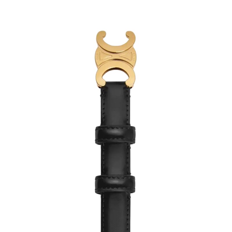 CELINE CELINE SMALL GOLD TRIOMPHE MOTIF BELT IN BLACK TAURILLON LEATHER 95