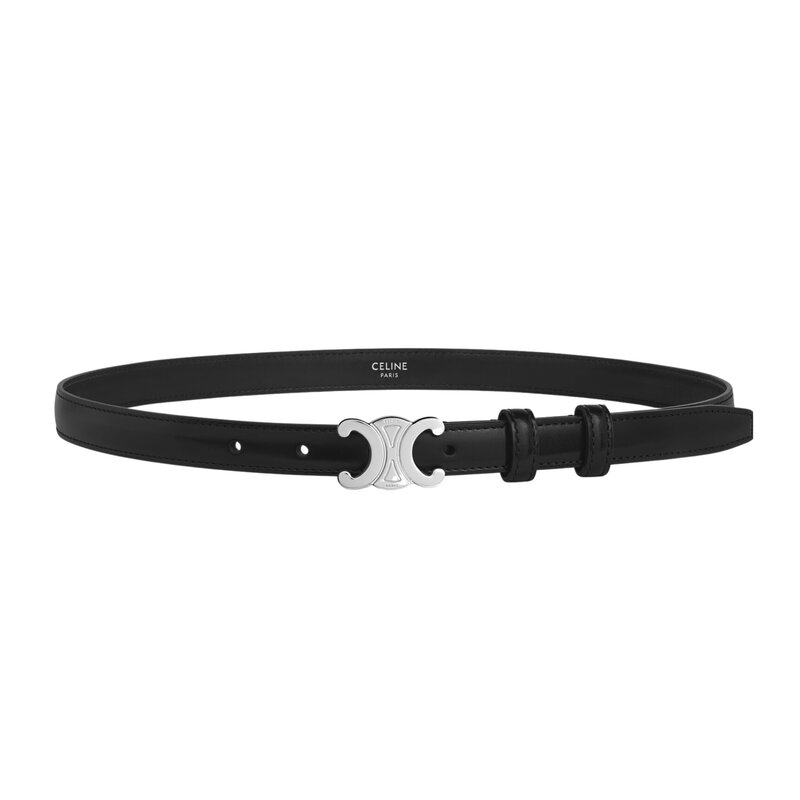 CELINE CELINE SMALL SILVER TRIOMPHE MOTIF BELT IN BLACK TAURILLON LEATHER 90