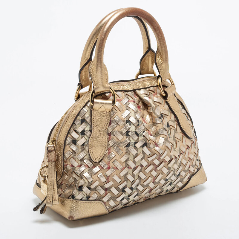 BURBERRY METALLIC GOLD WOVEN HAYMARKET CHECK SMALL THORNLEY BAG