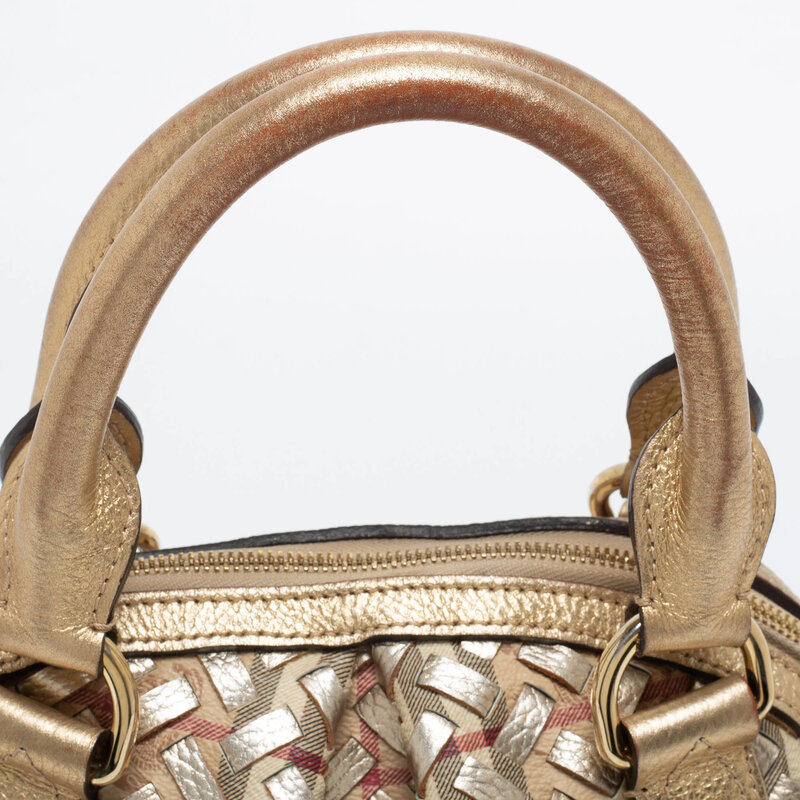 BURBERRY METALLIC GOLD WOVEN HAYMARKET CHECK SMALL THORNLEY BAG