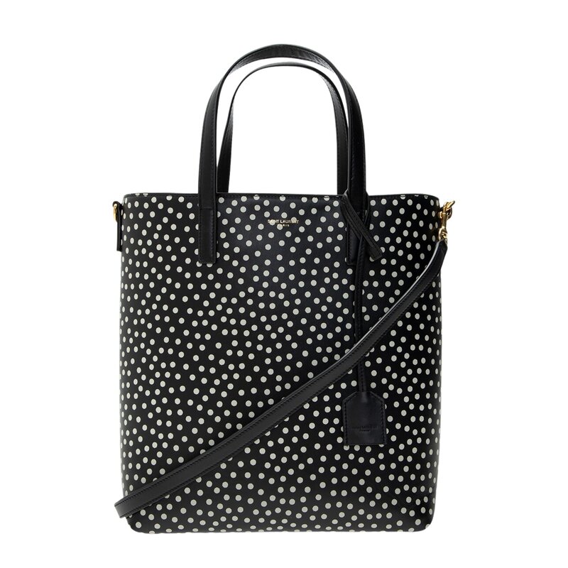 SAINT LAURENT SOFT LEATHER BLACK POLKA DOT TOY SHOPPING BAG