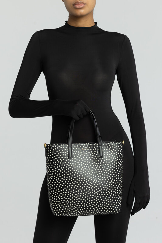 SAINT LAURENT SOFT LEATHER BLACK POLKA DOT TOY SHOPPING BAG