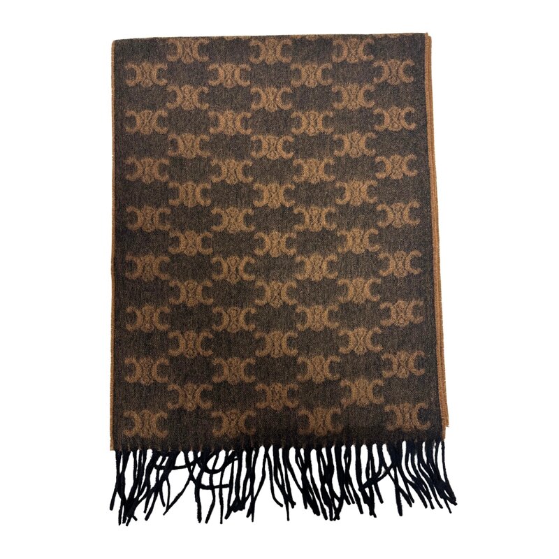 CELINE MONOGRAM CASHMERE FRINGED SCARF BLACK / TOFFEE