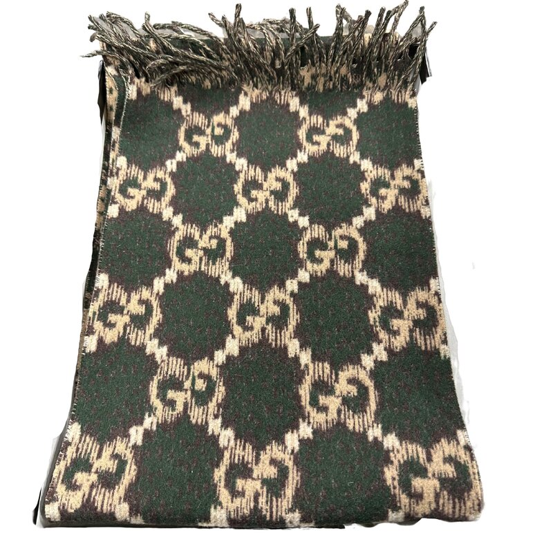 GUCCI ARMY GREEN WOOL REVERSIBLE SCARF WITH GIFTBOX MSRP $750