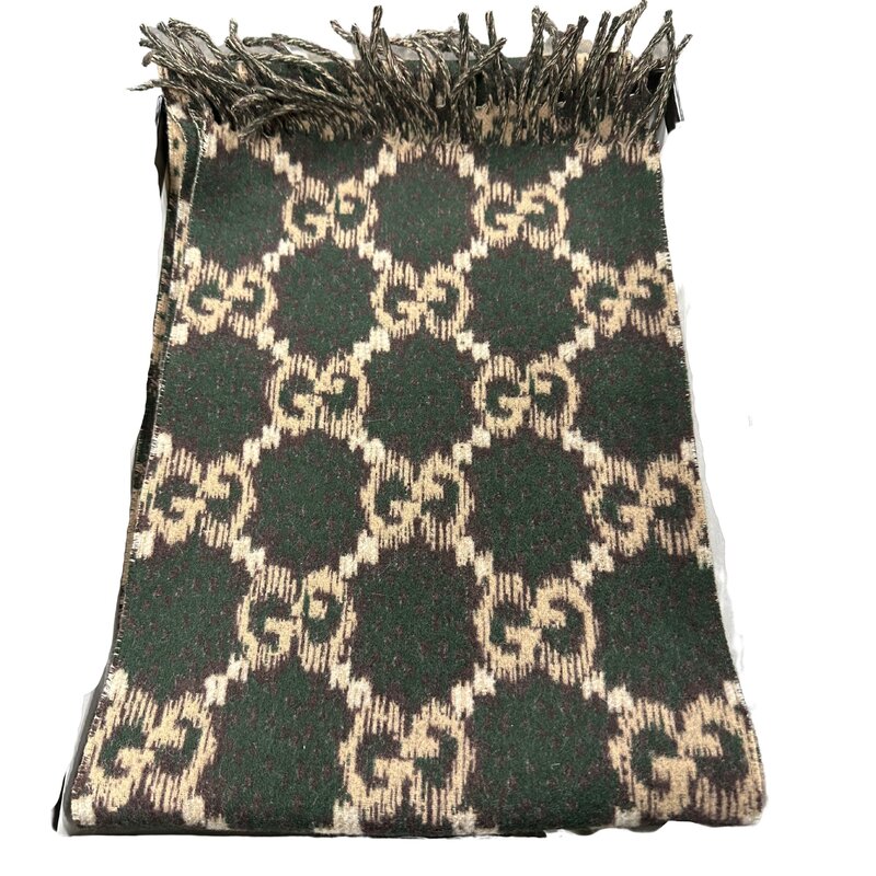 GUCCI GUCCI ARMY GREEN WOOL REVERSIBLE SCARF MSRP $750