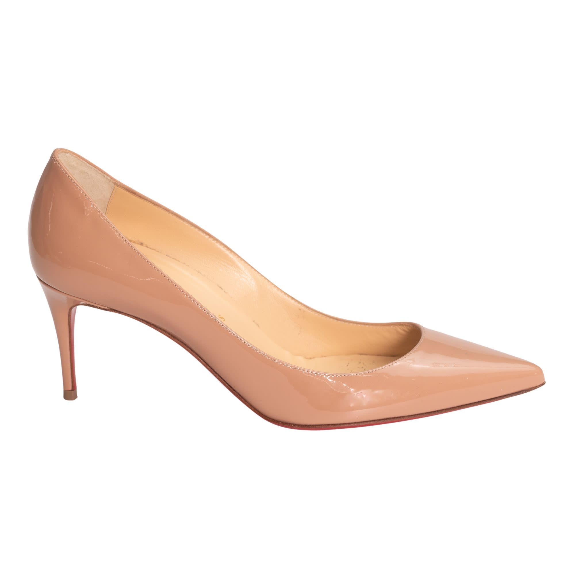 CHRISTIAN LOUBOUTIN BEIGE PATENT LEATHER PIGALLE POINTED TOE HEELS (EU 35.5)