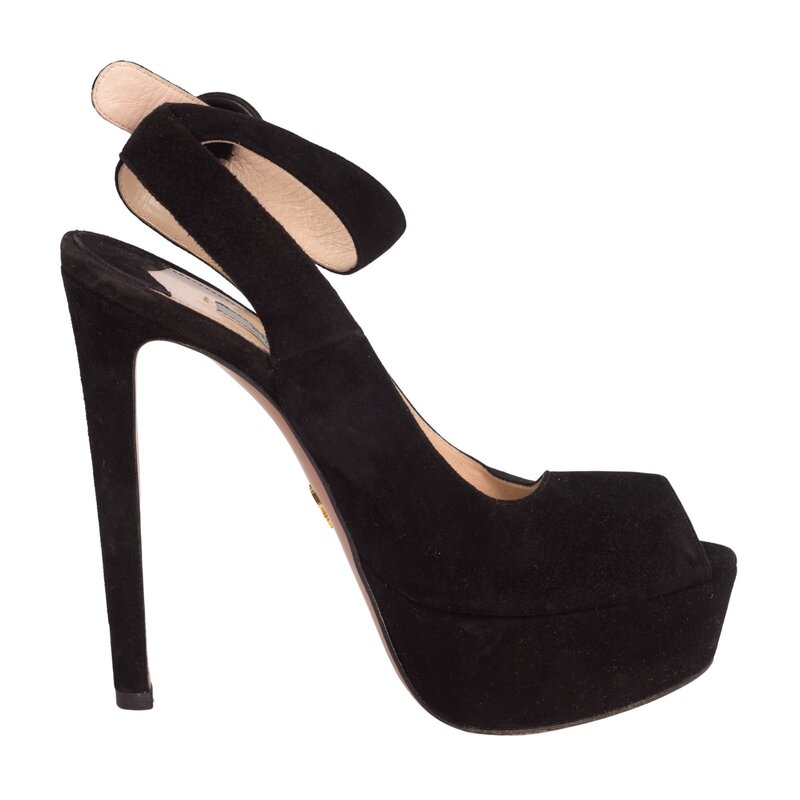 PRADA PUMPS BLACK SUEDE PLATFORM ANKLE STRAP PEEP TOE HEELS (EU 36)