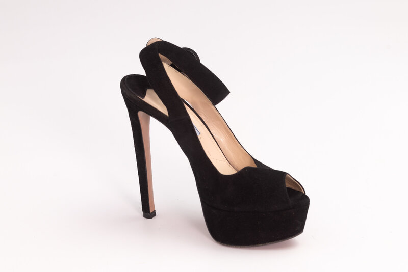 PRADA PUMPS BLACK SUEDE PLATFORM ANKLE STRAP PEEP TOE HEELS (EU 36)