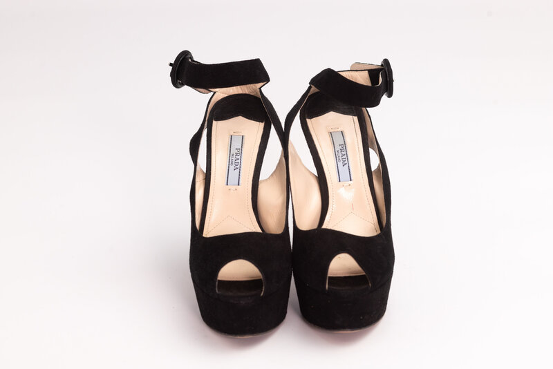 PRADA PUMPS BLACK SUEDE PLATFORM ANKLE STRAP PEEP TOE HEELS (EU 36)