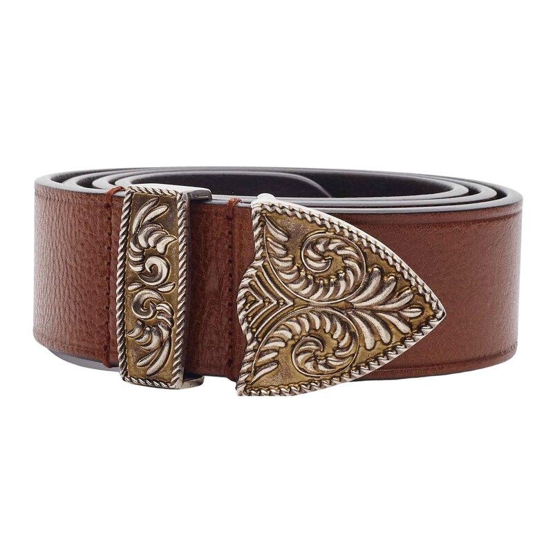 BROWN LEATHER BELT WITH BRONZE WESTERN BUCKLE