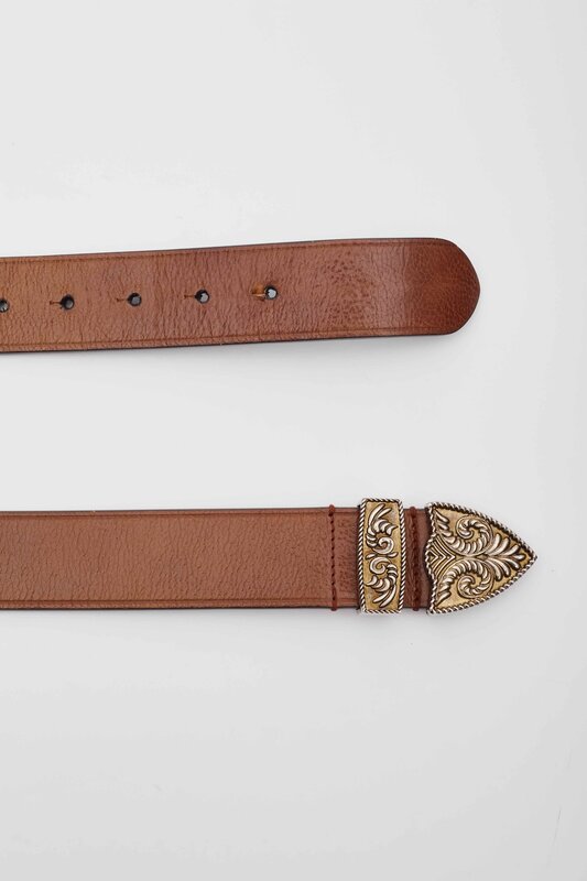 BROWN LEATHER BELT WITH BRONZE WESTERN BUCKLE