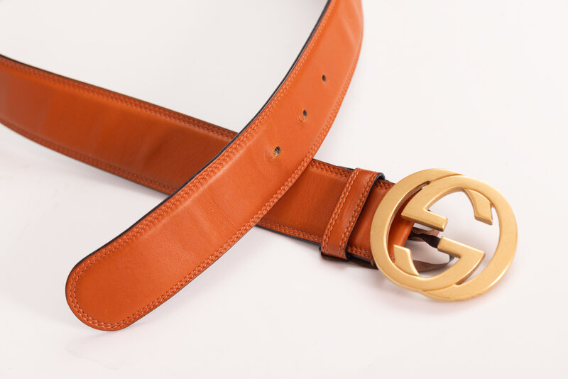 GUCCI CARAMEL BROWN LEATHER BLONDIE INTERLOCKING GG BELT (80/32)