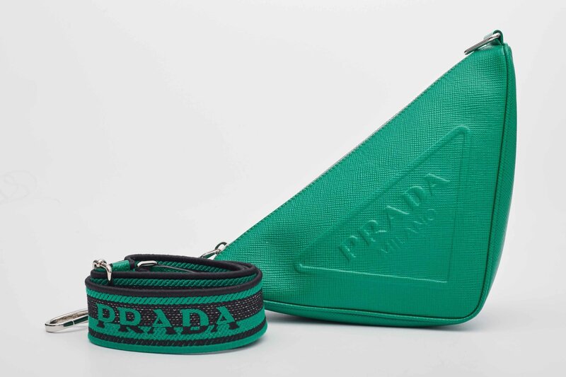 PRADA PRADA SAFFIANO LEATHER MANGO GREEN TRIANGLE LOGO POUCH BAG