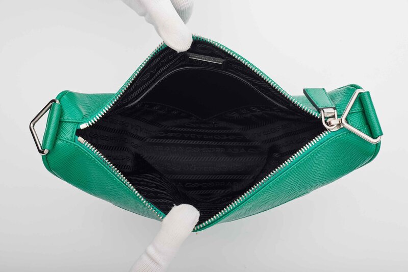 PRADA PRADA SAFFIANO LEATHER MANGO GREEN TRIANGLE LOGO POUCH BAG