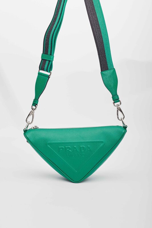 PRADA PRADA SAFFIANO LEATHER MANGO GREEN TRIANGLE LOGO POUCH BAG