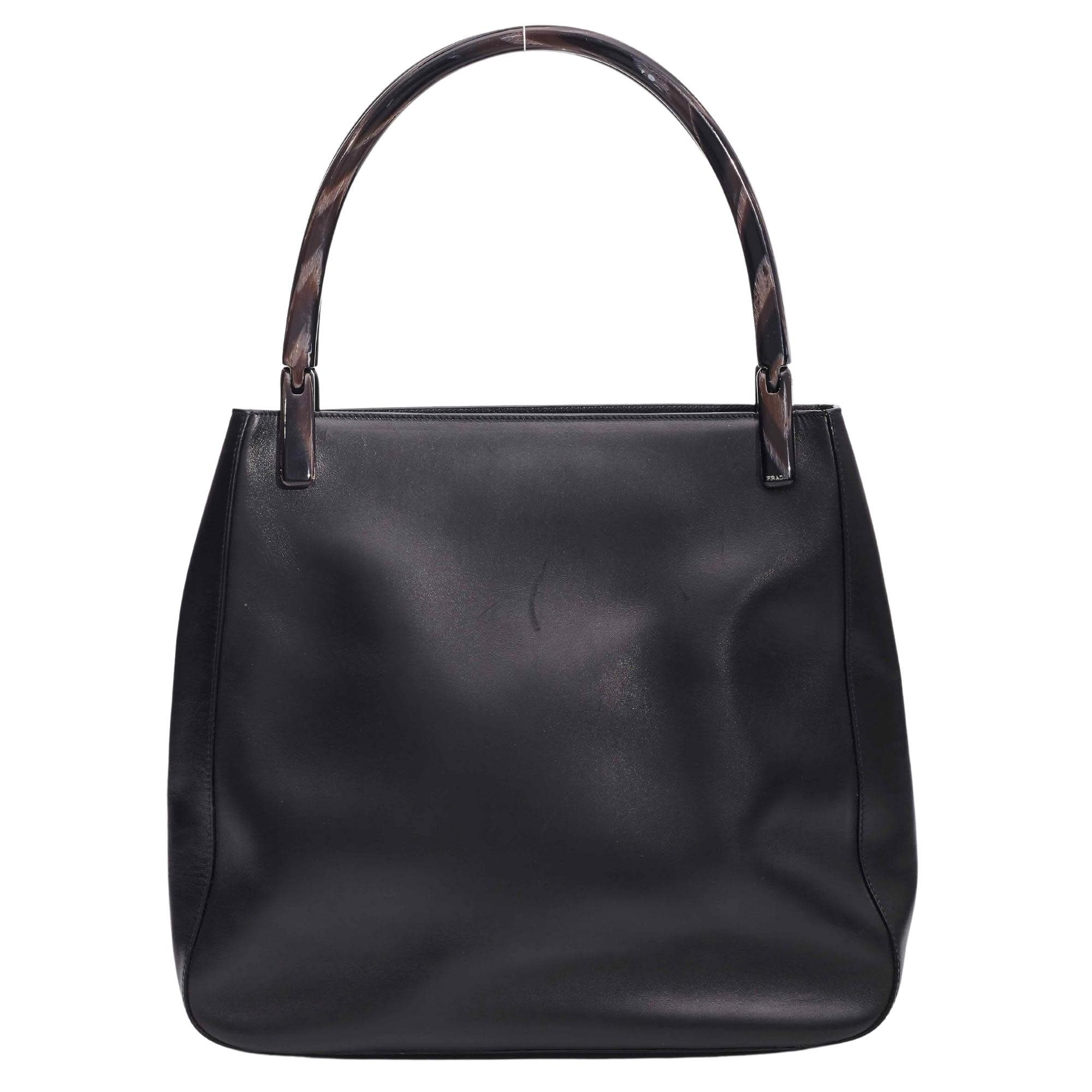 PRADA BLACK LEATHER TALL ACRYLIC HANDLE TOTE BAG