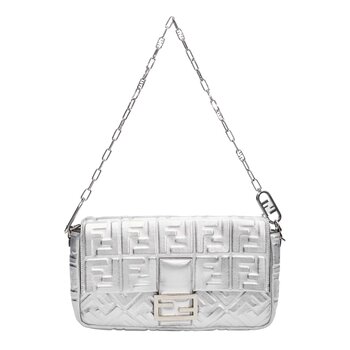 FENDI FENDI METALLIC SILVER LOGO EMBOSSED BAGUETTE BAG LARGE