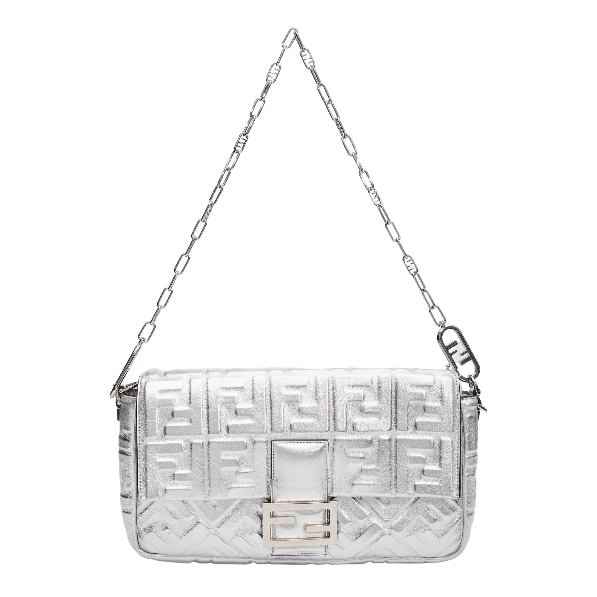 FENDI METALLIC SILVER LOGO EMBOSSED BAGUETTE BAG LARGE