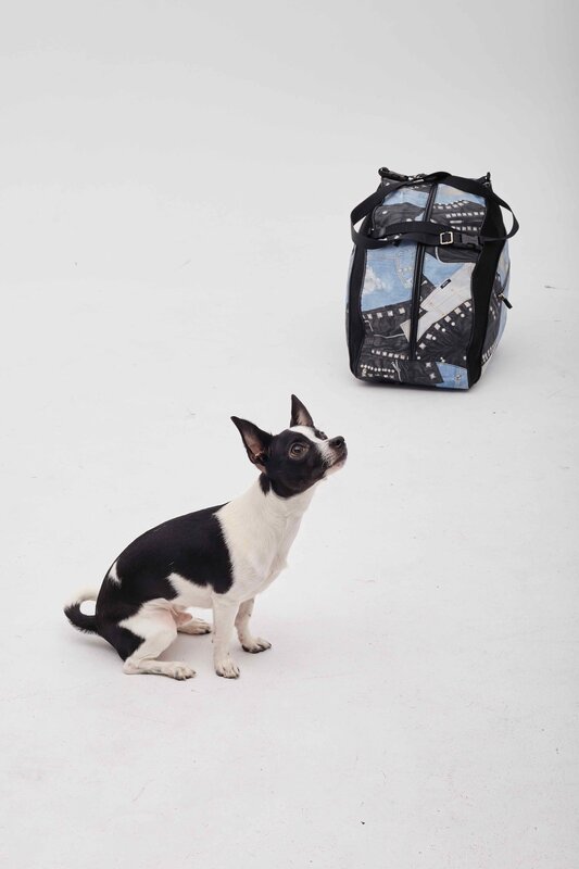 CHRISTIAN DIOR BLACK AND BLUE DENIM PATCHES DOG CARRIER 2004 GALLIANO