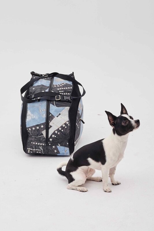 CHRISTIAN DIOR DIOR BLACK AND BLUE DENIM PATCHES DOG CARRIER 2004 GALLIANO