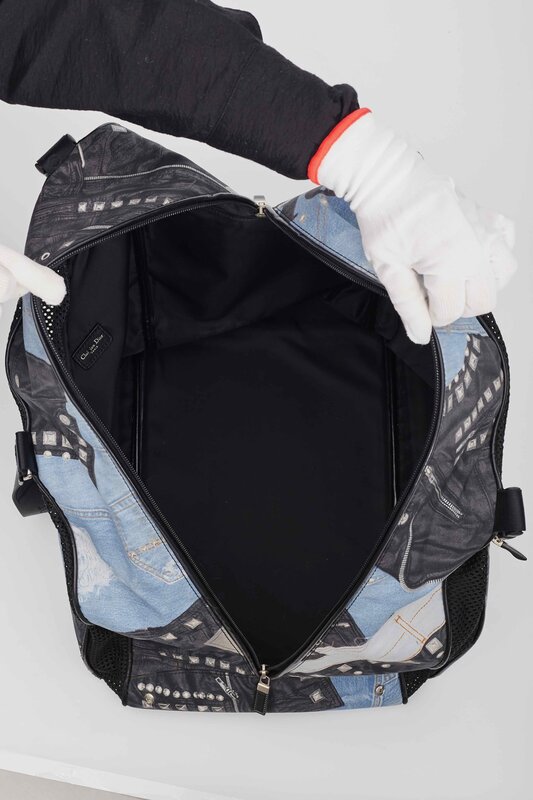 CHRISTIAN DIOR DIOR BLACK AND BLUE DENIM PATCHES DOG CARRIER 2004 GALLIANO