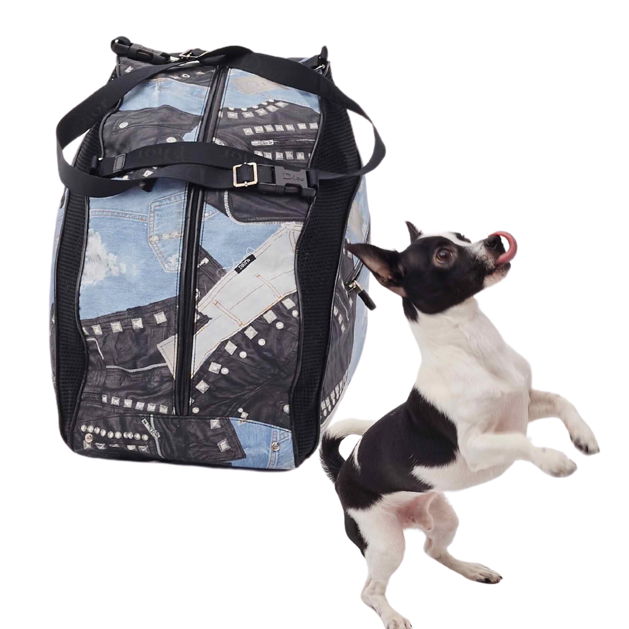 CHRISTIAN DIOR BLACK AND BLUE DENIM PATCHES DOG CARRIER 2004 GALLIANO
