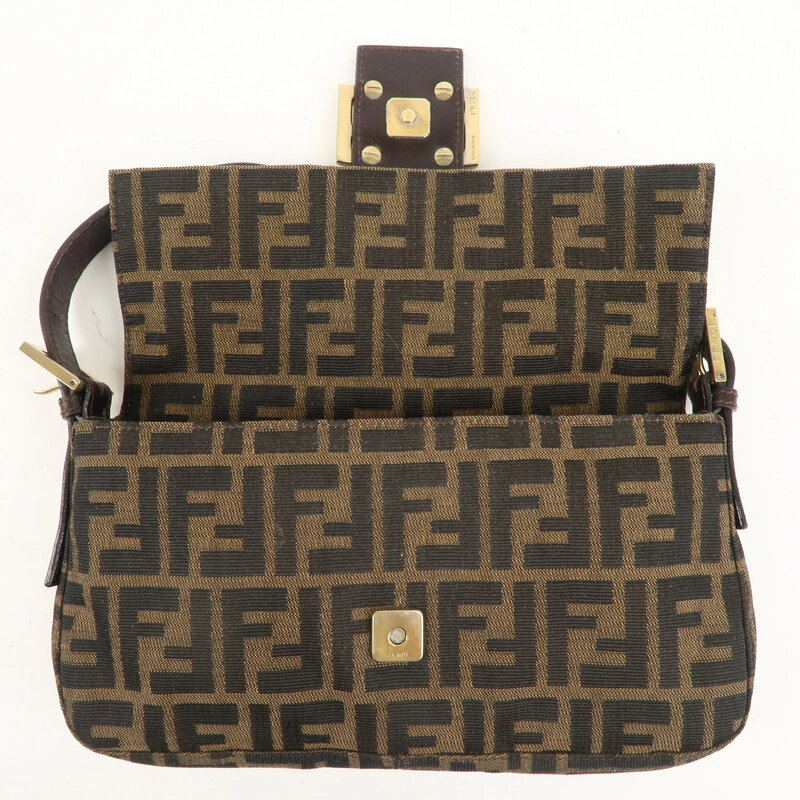 FENDI FENDI BROWN ZUCCA MONOGRAM BAGUETTE BAG GOLD HARDWARE