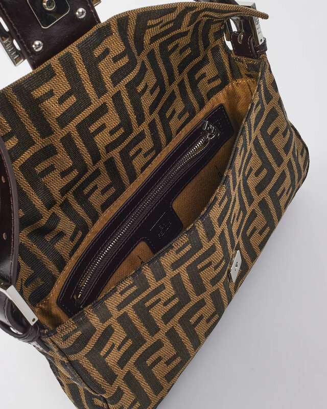 FENDI FENDI BROWN ZUCCA MONOGRAM BAGUETTE BAG SILVER HARDWARE
