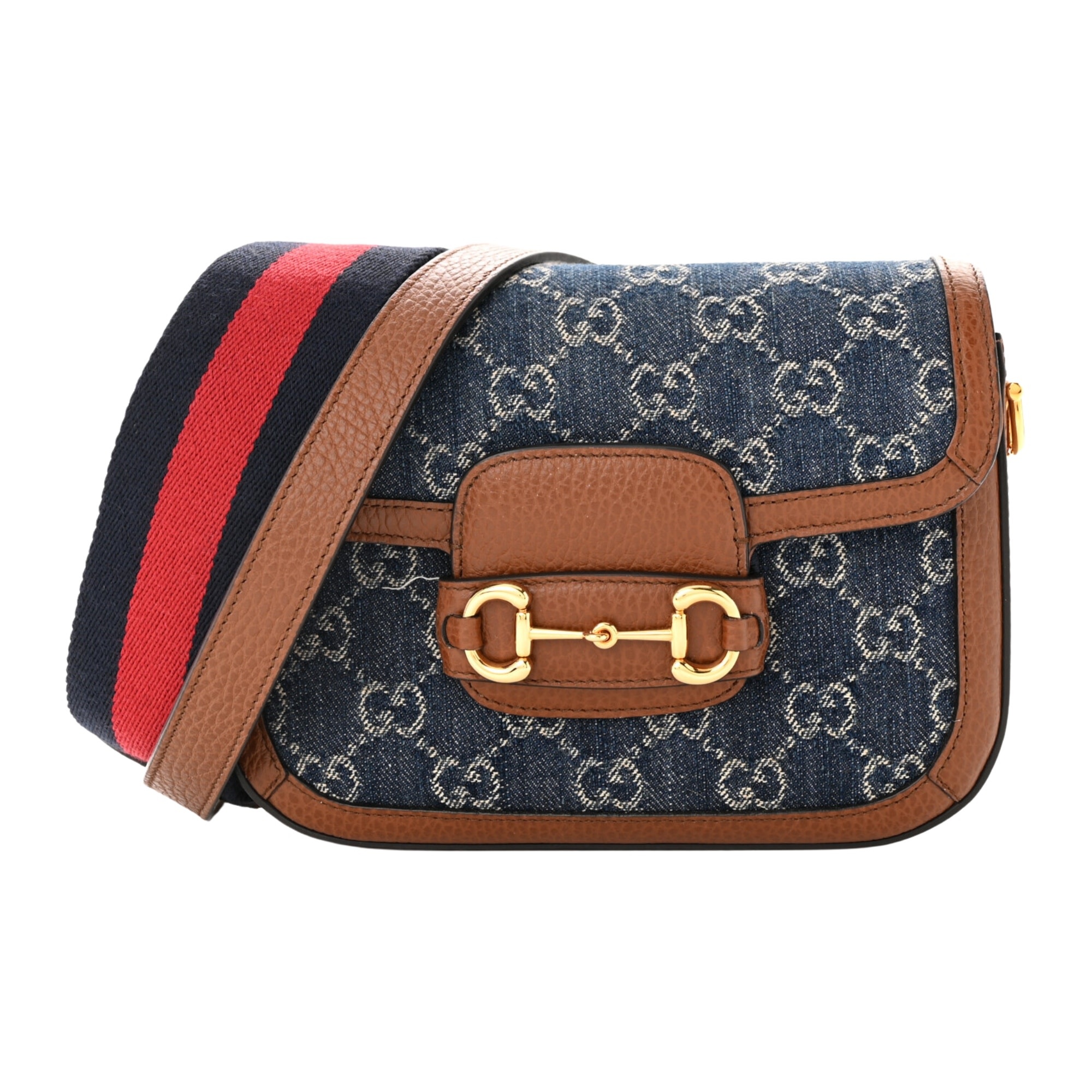 GUCCI GUCCI DENIM GG MONOGRAM WEB HORSEBIT SHOULDER BAG NAVY MINI