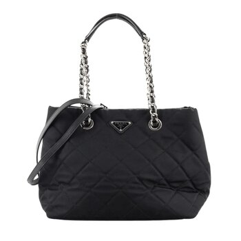 PRADA PRADA QUILTED BLACK TESSUTO CHAIN SHOULDER TOTE BAG