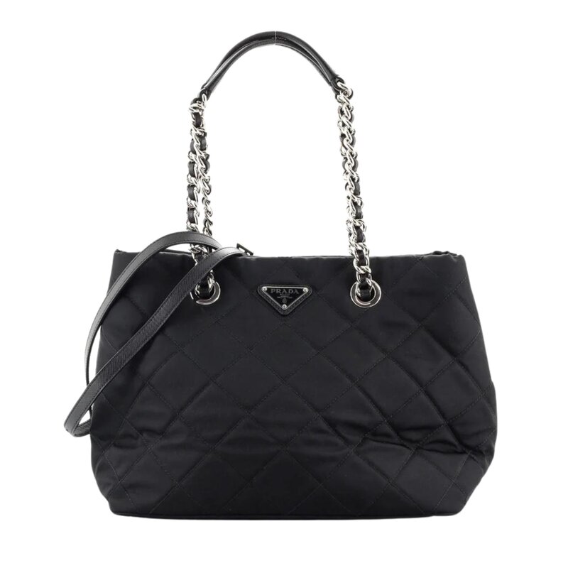 PRADA QUILTED BLACK TESSUTO CHAIN SHOULDER TOTE BAG