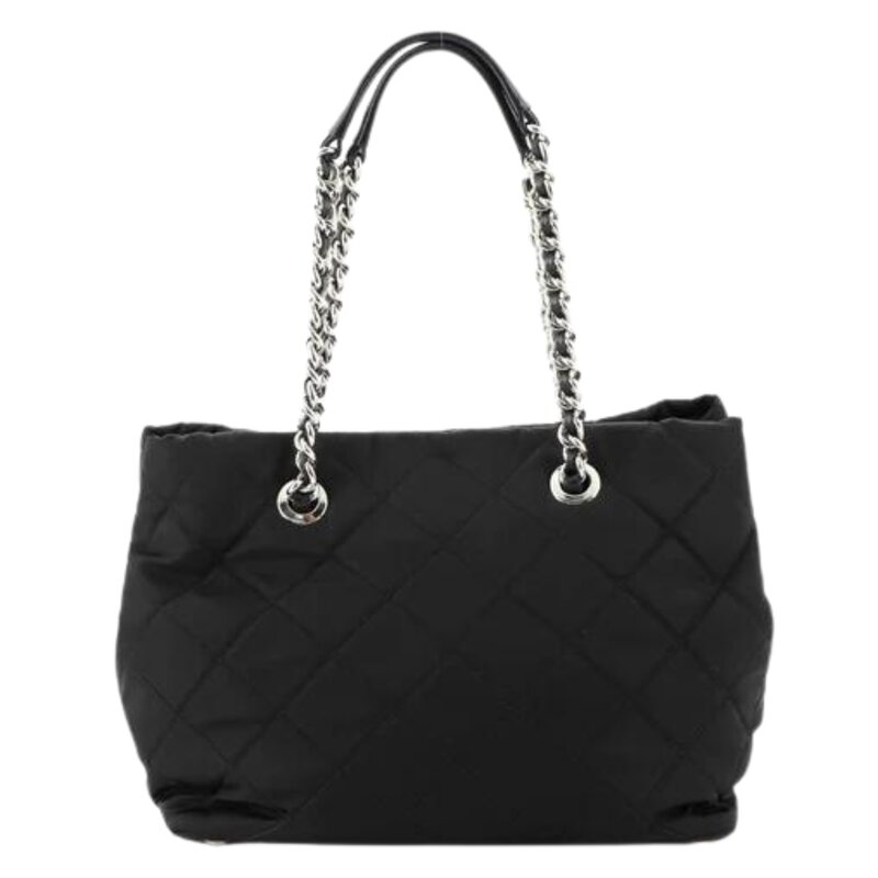 PRADA PRADA QUILTED BLACK TESSUTO CHAIN SHOULDER TOTE BAG