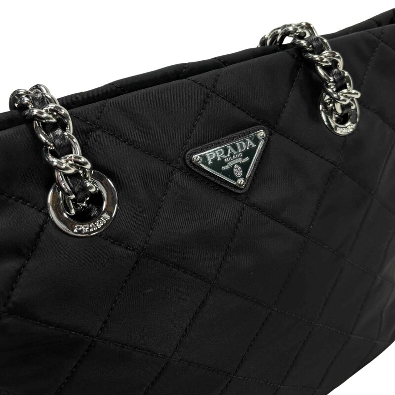 PRADA PRADA QUILTED BLACK TESSUTO CHAIN SHOULDER TOTE BAG