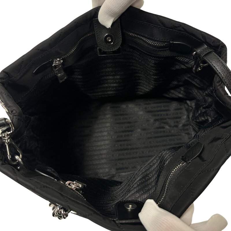 PRADA PRADA QUILTED BLACK TESSUTO CHAIN SHOULDER TOTE BAG