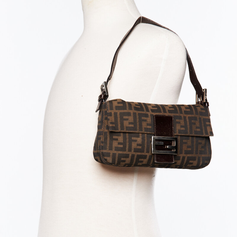 FENDI FENDI BROWN ZUCCA MONOGRAM BAGUETTE BAG SILVER HARDWARE