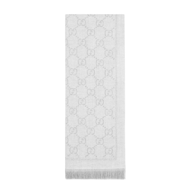 GUCCI GUCCI GG JACQUARD WOOL KINTT FRINGE SCARF SILVER