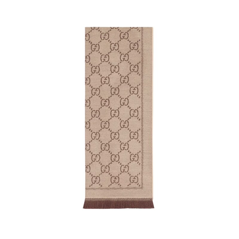 GUCCI GG JACQUARD WOOL KINTT FRINGE SCARF LIGHT BROWN