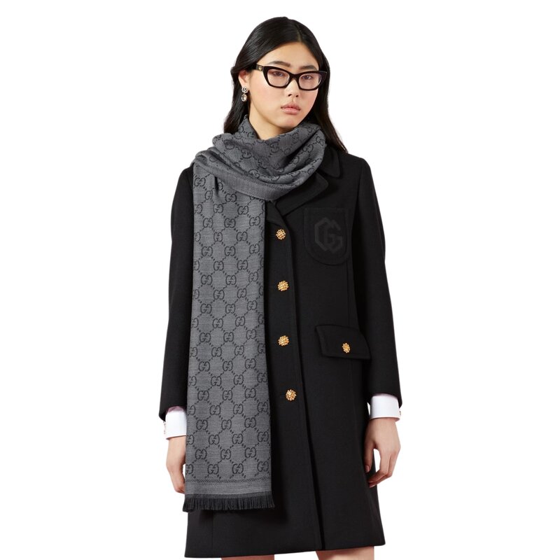 GUCCI GUCCI GG JACQUARD KINTT FRINGE SCARF BLACK