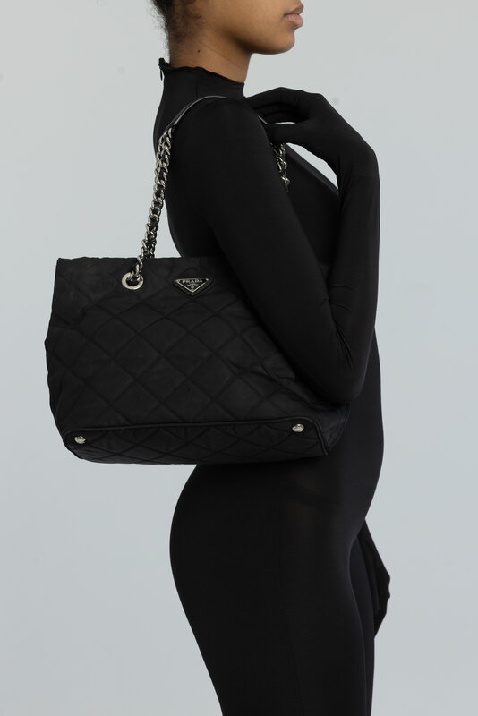 PRADA PRADA QUILTED BLACK TESSUTO CHAIN SHOULDER TOTE BAG