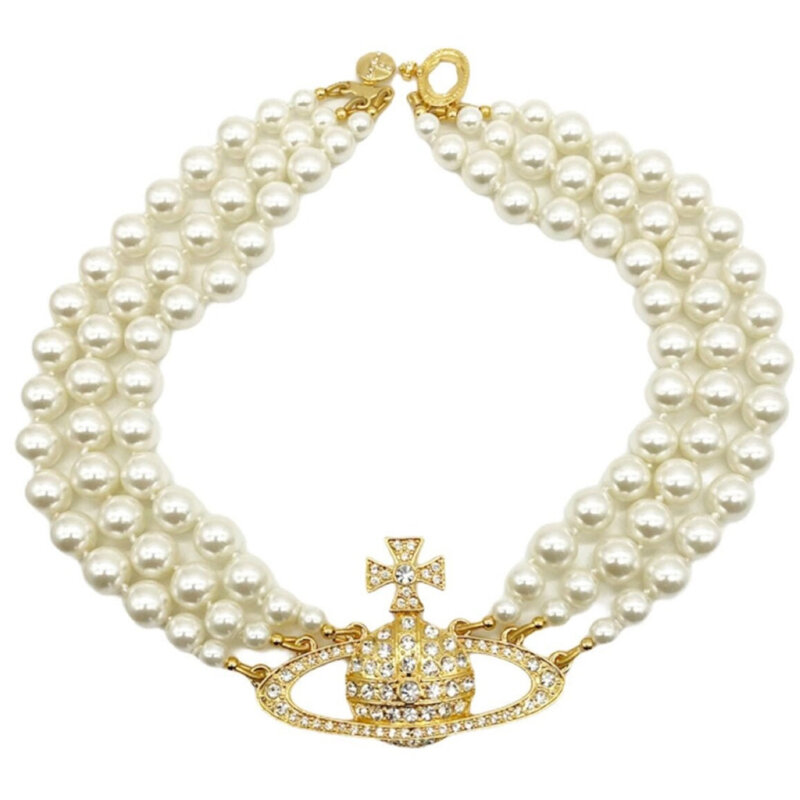VIVIENNE WESTWOOD VIVIENNE WESTWOOD THREE ROW PEARL BAS RELIEF CHOKER GOLD