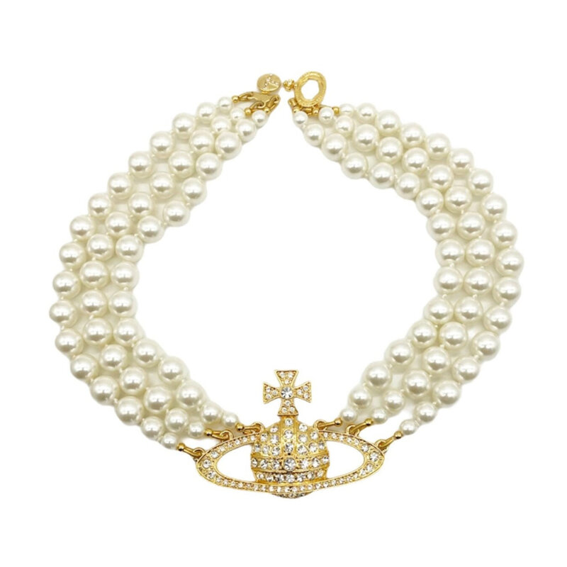VIVIENNE WESTWOOD VIVIENNE WESTWOOD THREE ROW PEARL BAS RELIEF CHOKER GOLD