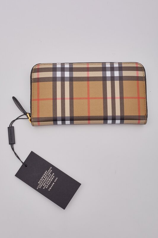 BURBERRY CHECK BEIGE LEATHER ELMORE ZIP AROUND WALLET