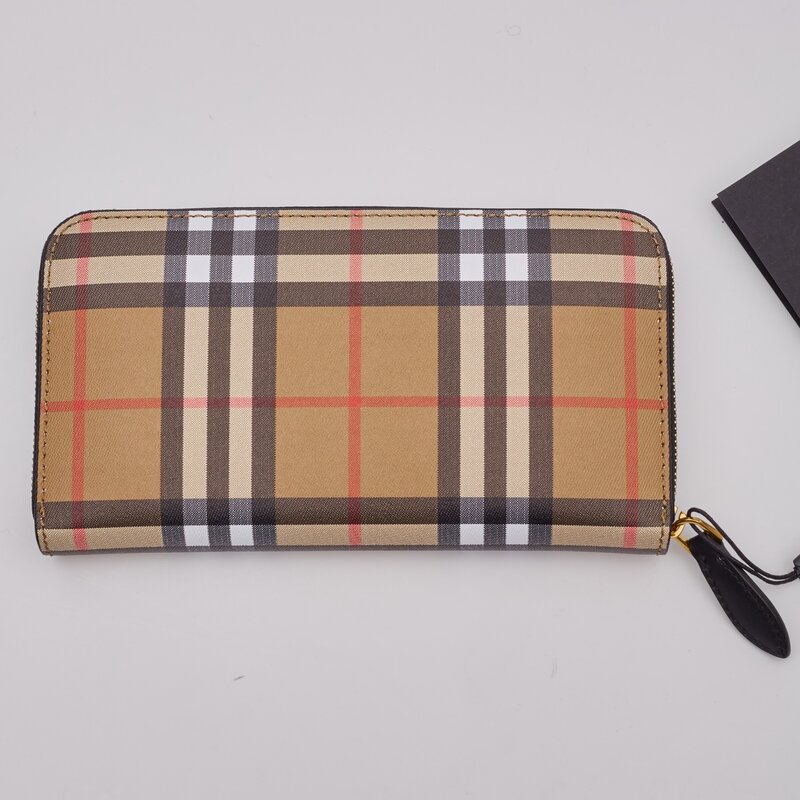 BURBERRY CHECK BEIGE LEATHER ELMORE ZIP AROUND WALLET