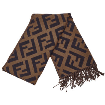 FENDI FENDI BROWN ZUCCA FRINGED CASHMERE JACQUARD SCARF