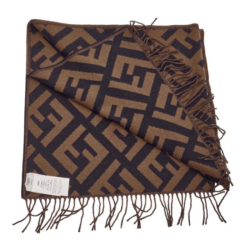 FENDI FENDI BROWN ZUCCA FRINGED CASHMERE JACQUARD SCARF