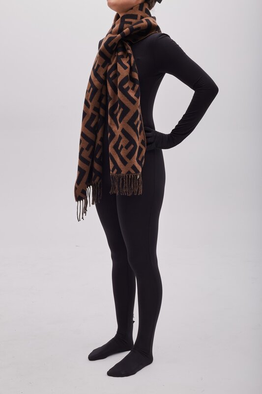 FENDI FENDI BROWN ZUCCA FRINGED CASHMERE JACQUARD SCARF